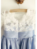 Elbow Sleeves Lace Blue Taffeta Flower Girl Dress